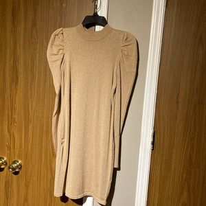 Long sleeve with puff -sleeve dress. Brown beige glittery , x- large